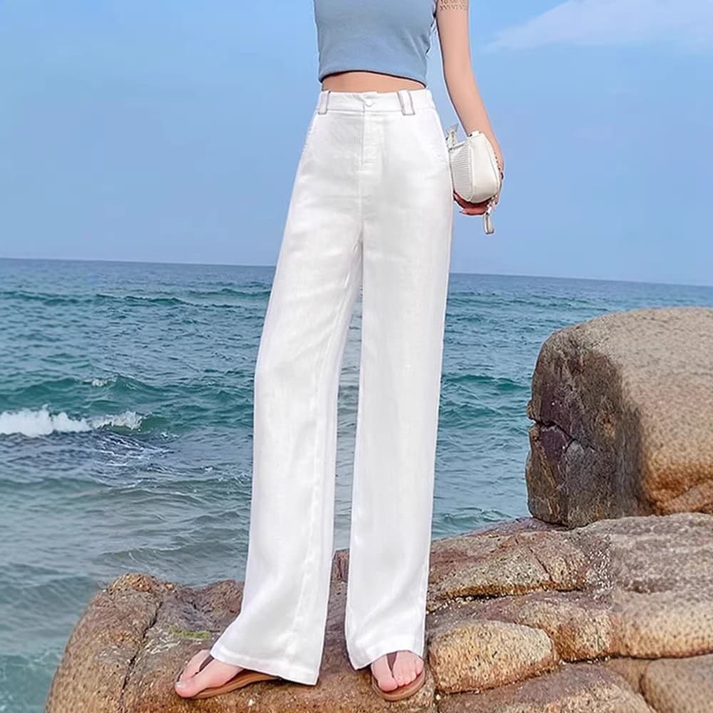 White Narrow Linen Wide-Leg Pants for Women 2026 New Summer High-Waist Draped Slimming Casual Trousers Flowing Long Pants