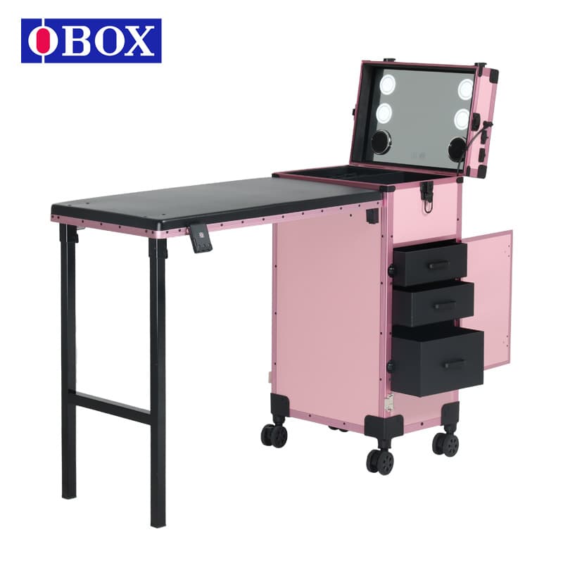 Custom Folding Nail Table with Three-Color Light, Universal Wheel Mobile Tool Box, Layered Storage, Scratch-Resistant Tattoo Makeup Station