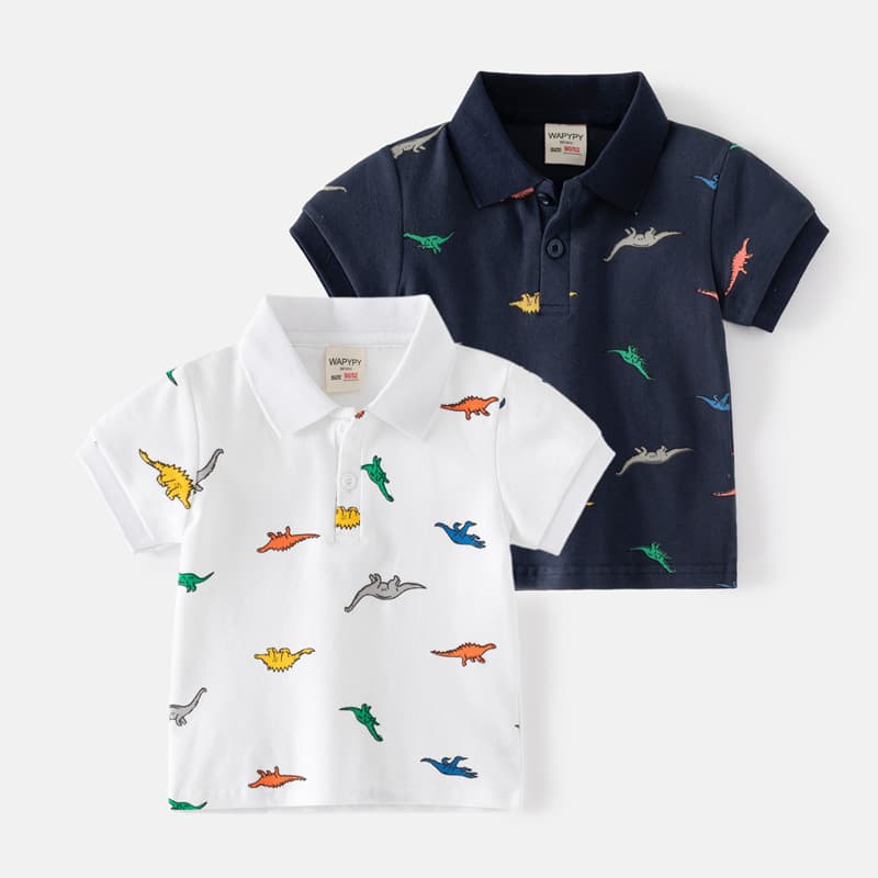2026 Summer Style Boys' Polo Shirt Short Sleeve Top Korean Dinosaur Full Print Baby Turn-down Collar Shirt