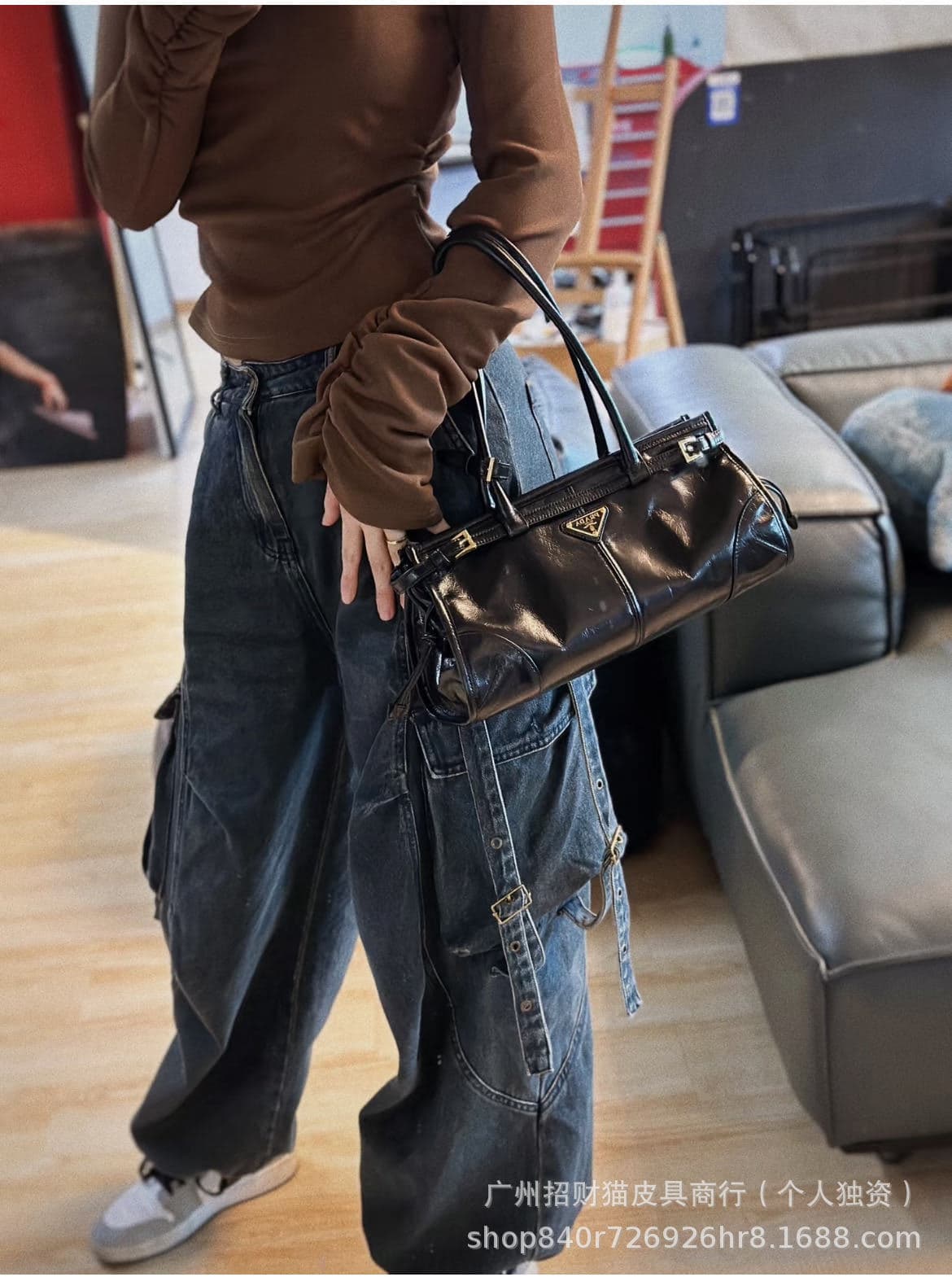 Prada-style influencer MONA same-style fashion oil leather handbag 2025 new large capacity tote bag women's bag