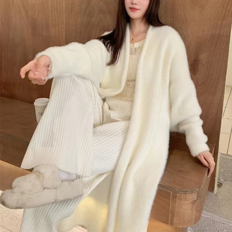 Foreign Trade Imitation Mink Velvet Long Over-The-Knee Sweater Cardigan for Women Autumn and Winter New Style Lazy Style Loose Knitted Jacket for Women