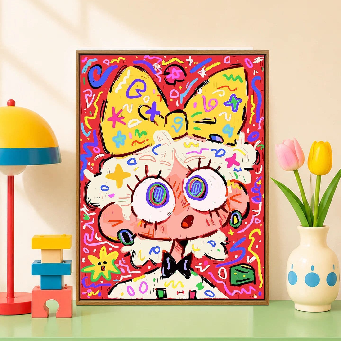 Star-eyed curly girl diy digital oil painting niche graffiti style cartoon character coloring oil painting decorative hanging painting