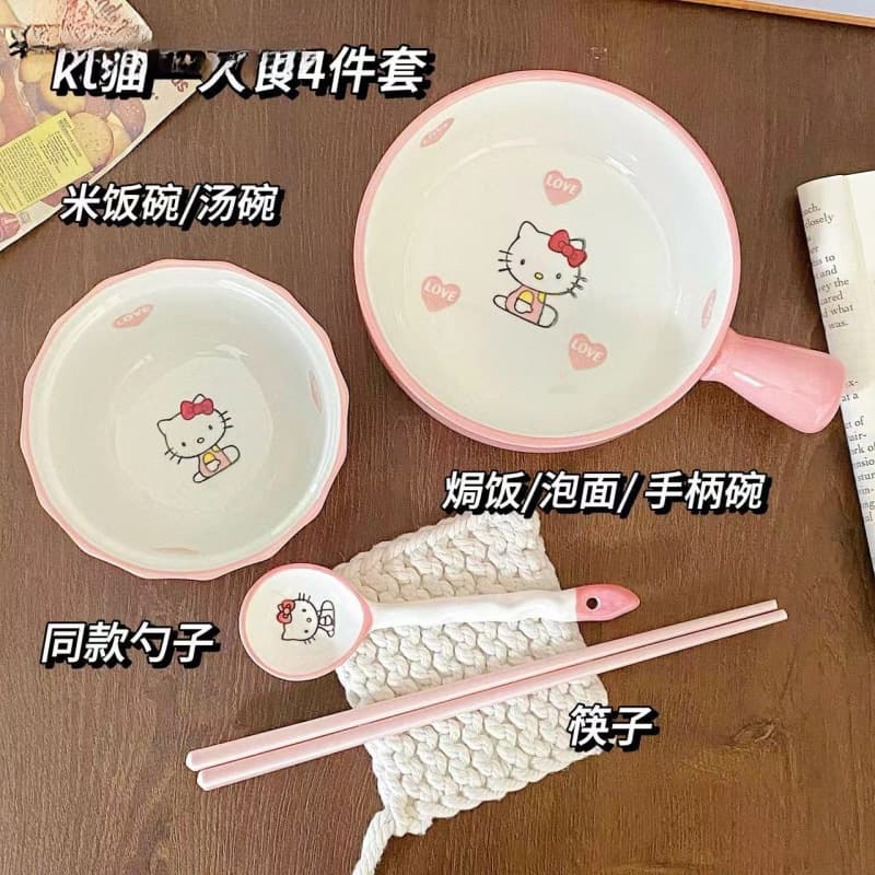 Kitty Tableware Set for One Person, Dormitory Home Use, Bowl and Spoon Set, High Appearance, Instant Noodle Bowl, Rice Bowl, Ceramic and Plastic