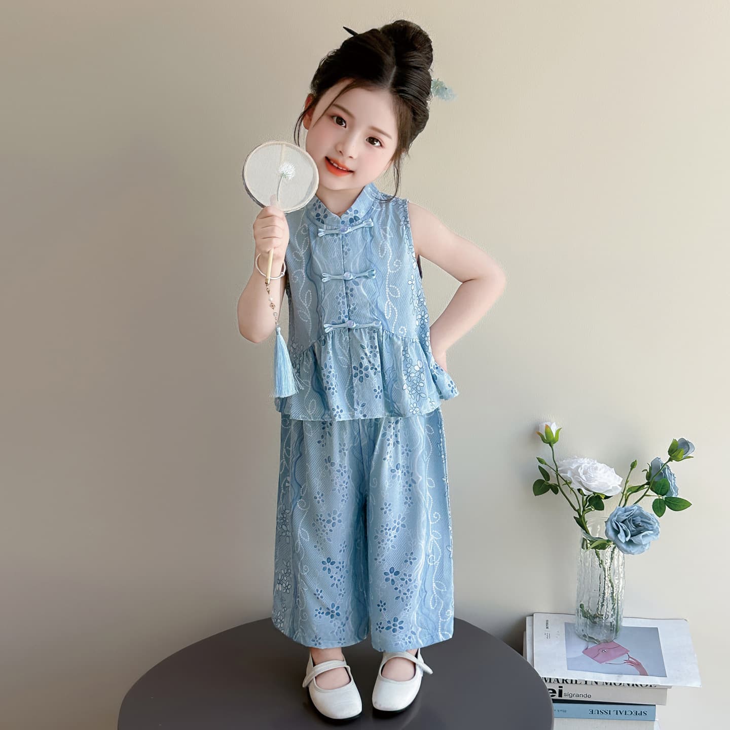 Girls' Summer Outfit Set 2026 New Girls Baby New Chinese Style Hanfu Summer Clothes Children's National Style Frog Button Two-Piece Set