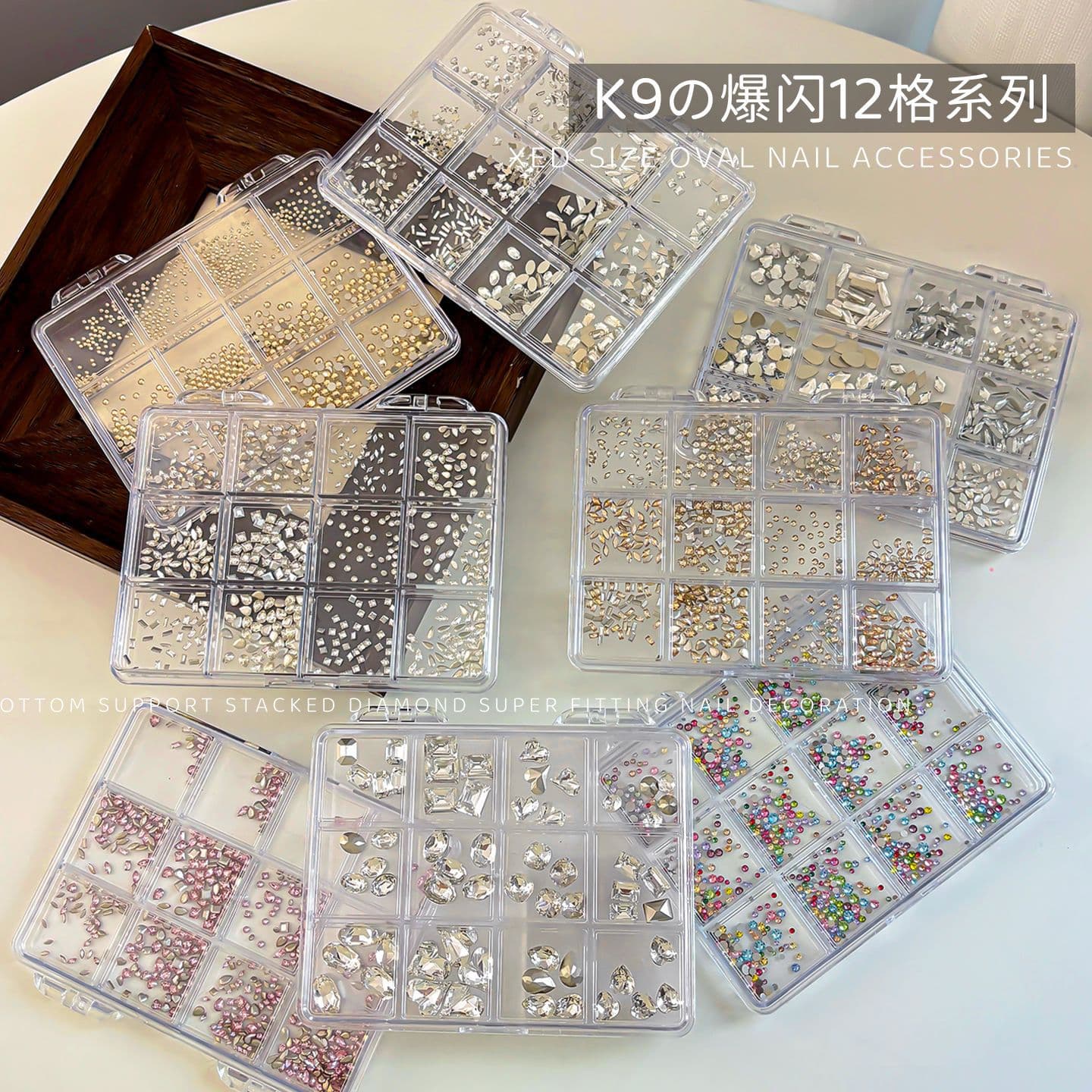 12-Grid Zircon Nail Art Rhinestones Mixed Colorful Flat-Back Round Rhinestones Transparent Pointed-Back Shaped Rhinestones Nail Art Decorations