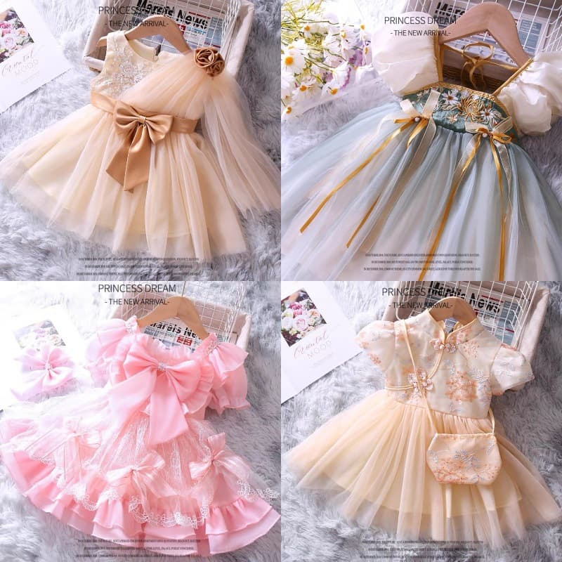 2026 Summer Little Girl Dress Fairy Tulle Princess Puffy Dress Baby Girl Dress Kids Bubble Sleeve