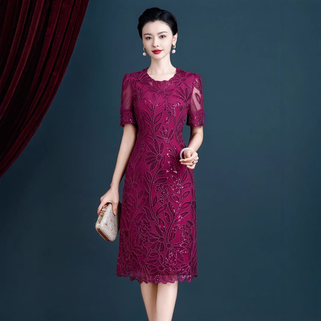 2025 Spring New Arrival Dress, Burgundy Floral Elegant Wedding Banquet Mother/Mother-in-Law Dress, One-Piece Drop Shipping