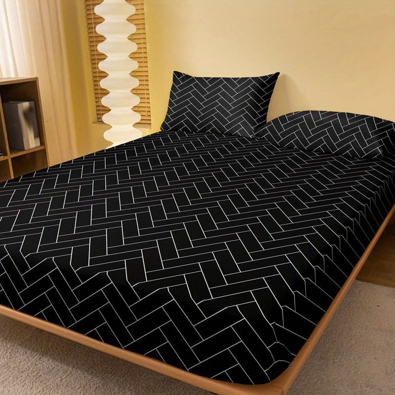 Cross-border Fitted Sheet 3-Piece Set, Black and White, Soft and Comfortable Geometric Pattern Bed Sheet Bedding Set for Adults and Children