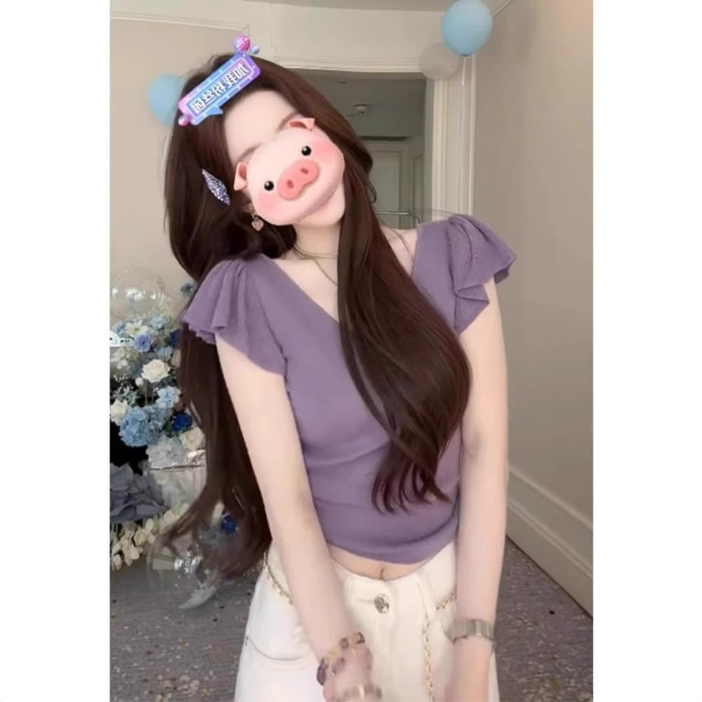 Pure and Sweet Style Purple Small Flutter Sleeve Short-Sleeve Knit Top for Women Summer 2025 New Sexy Hot Girl Cropped Korean Style Blouse