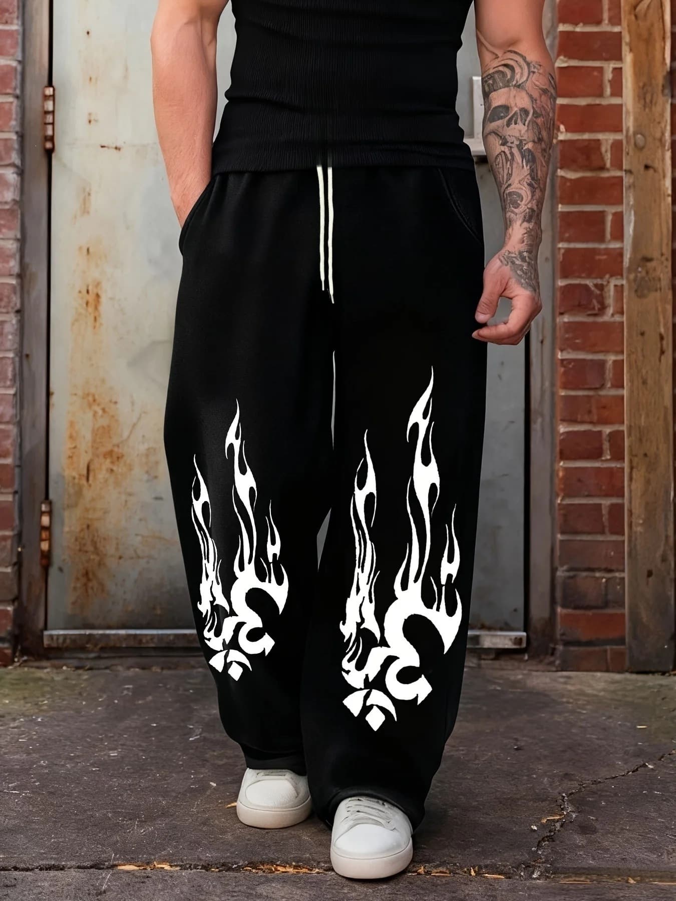 Gothic Dark Style Men's Casual Jogger Pants Fashion Trendy Long Printed Wide Leg Pants