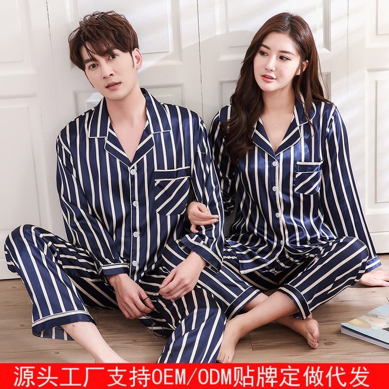 Hot Selling Spring/Summer New Couple Pajamas Women Long Sleeve Thin Ice Silk Set Imitation Silk Homewear Men