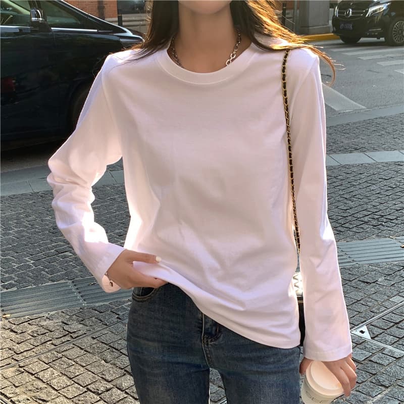 Pure Cotton Right Shoulder Long-Sleeved T-Shirt for Women, Pure Color Bottoming Shirt for Women, Lazy and Relaxed Inner Layering Round Neck Loose Top