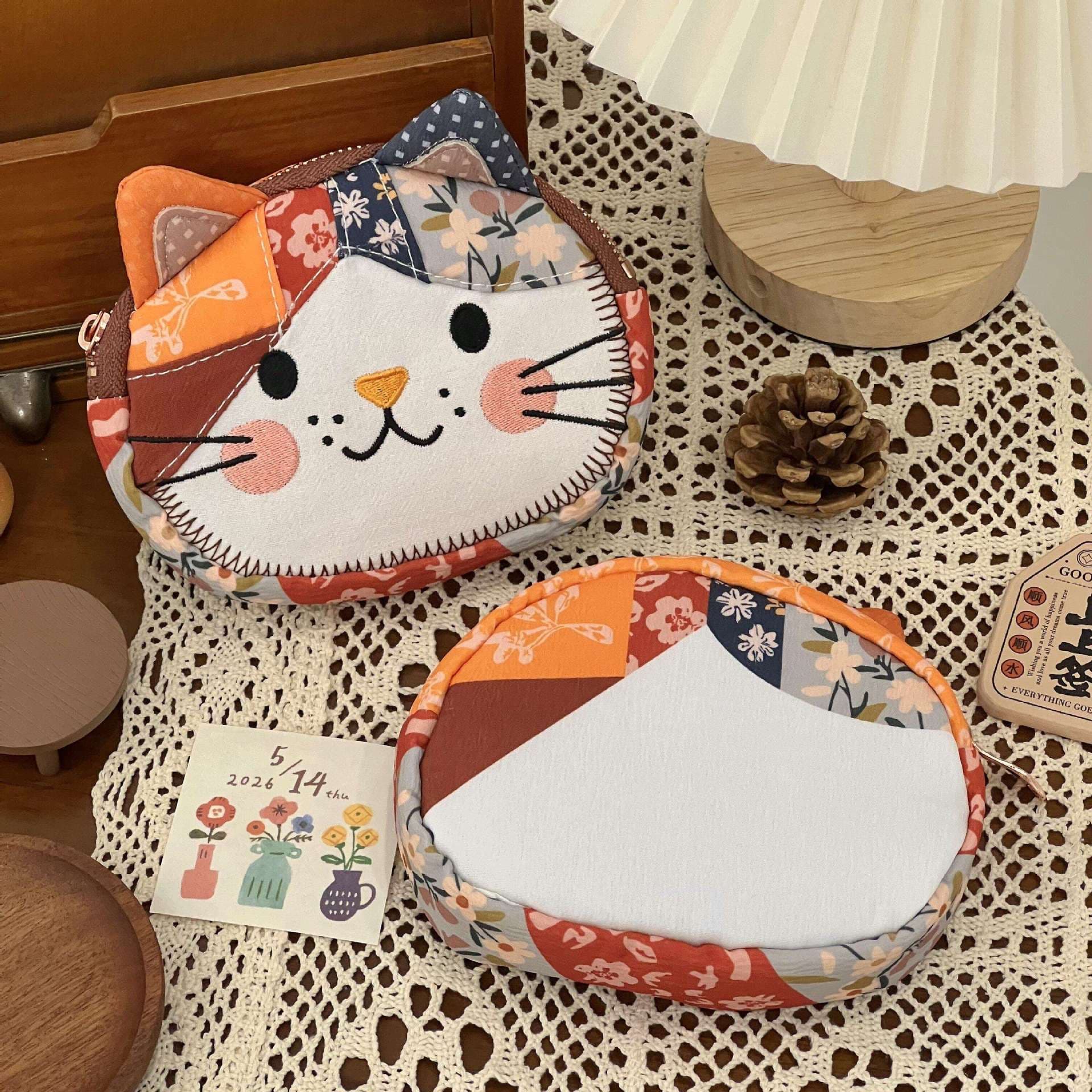 Japanese-Style Cute Cartoon Cat Coin Purse for Women, Small Item Storage Bag, Patchwork Design Card Holder, Storage Bag, Makeup Bag