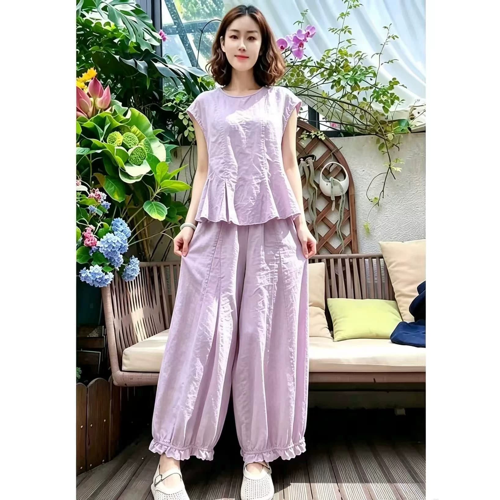 Fashion Women's Set: 2026 Summer New Trendy Loose Slimming Body-Hiding Short-Sleeve Top with Wide-Leg Pants Two-Piece Casual Set