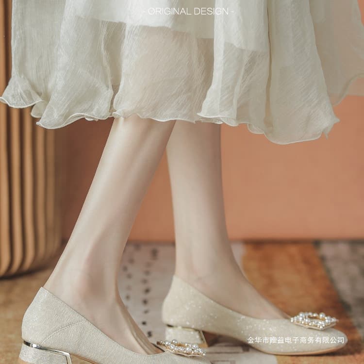 Hexiu Bridesmaid Shoes Low Heel Dress Shoes for Women, Wedding Banquet, Qipao, Bride, Low Engagement, Main Wedding Dress, Two-Way Wear, Chunky Heel