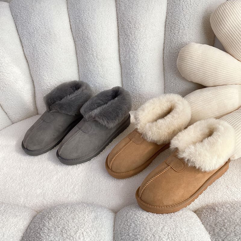 New Versatile Style Fur-Lined Snow Boots for Women, Thickened Wool Leather Women's Shoes, Winter Warm Anti-Slip Turn-Down Collar Cotton Women's Shoes