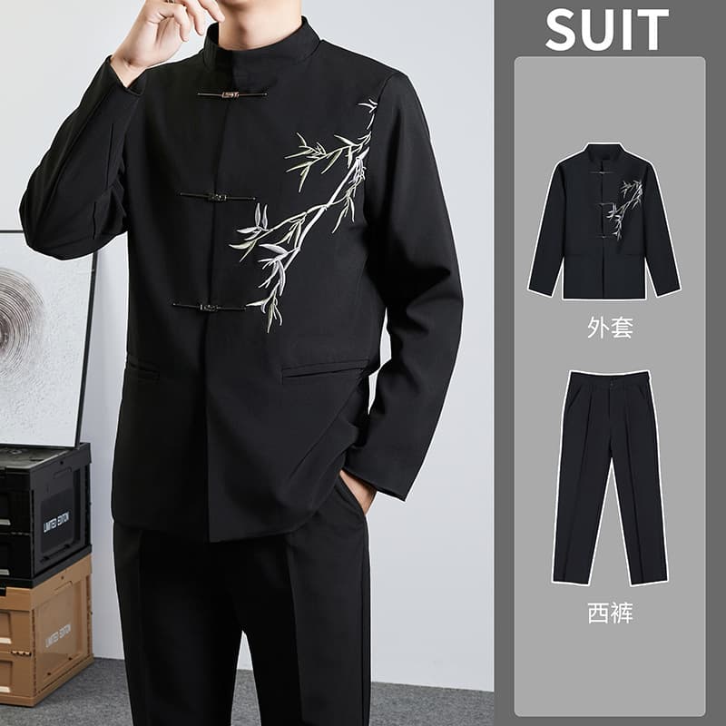 Spring and Autumn Blazer for Men, Stand Collar Chinese-Style New Chinese Jacket, Retro Fashion Men's Wedding Suit Set
