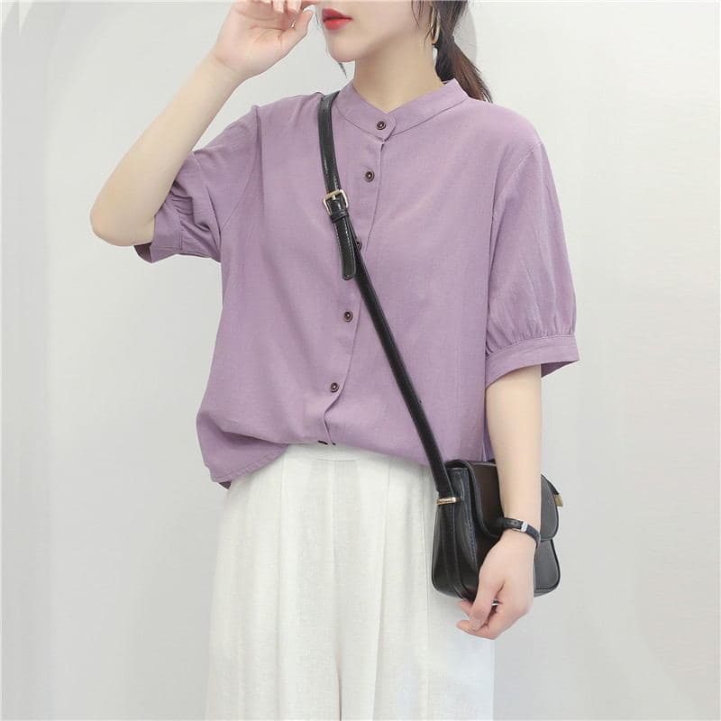 2026 Summer Cotton and Linen Shirt Women's Lantern Sleeve Retro Artistic Top Loose Slim Medium Sleeve Large Size Shirt for Women