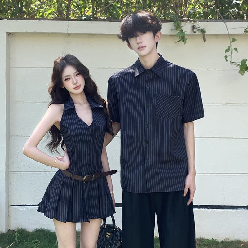 2026 Summer New Couple Outfit Premium Sleeveless Halter Pleated Dress Men's Shirt
