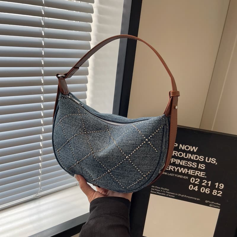 Denim rhombus rhinestone hand-held armpit bag, shoulder crossbody bag, contrasting color dumpling bag, versatile and fresh style