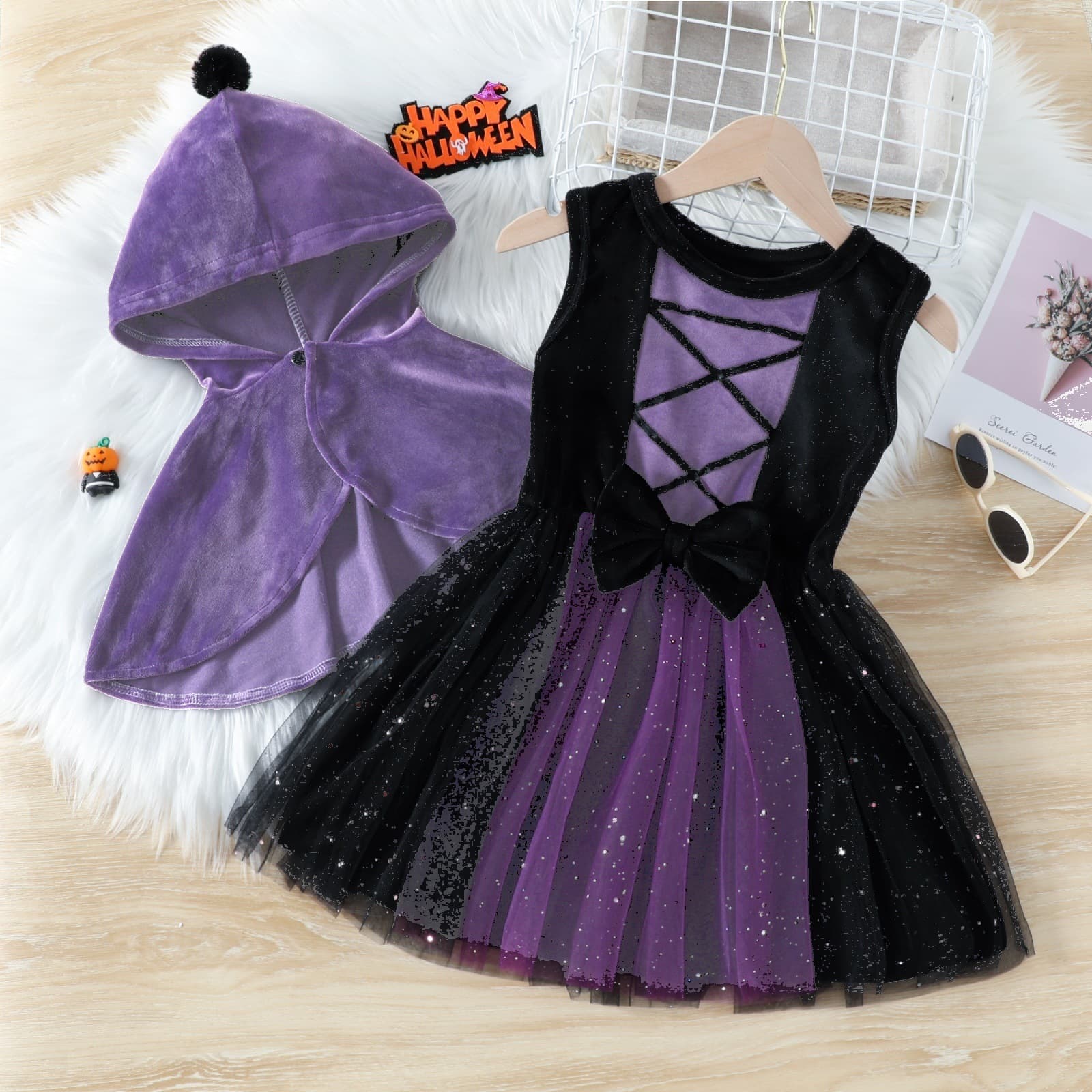 Cross-border Halloween Girls Set Silver Fleece Hooded Cape Toddler Sleeveless Bow Mesh Tutu Dress Two-Piece Set