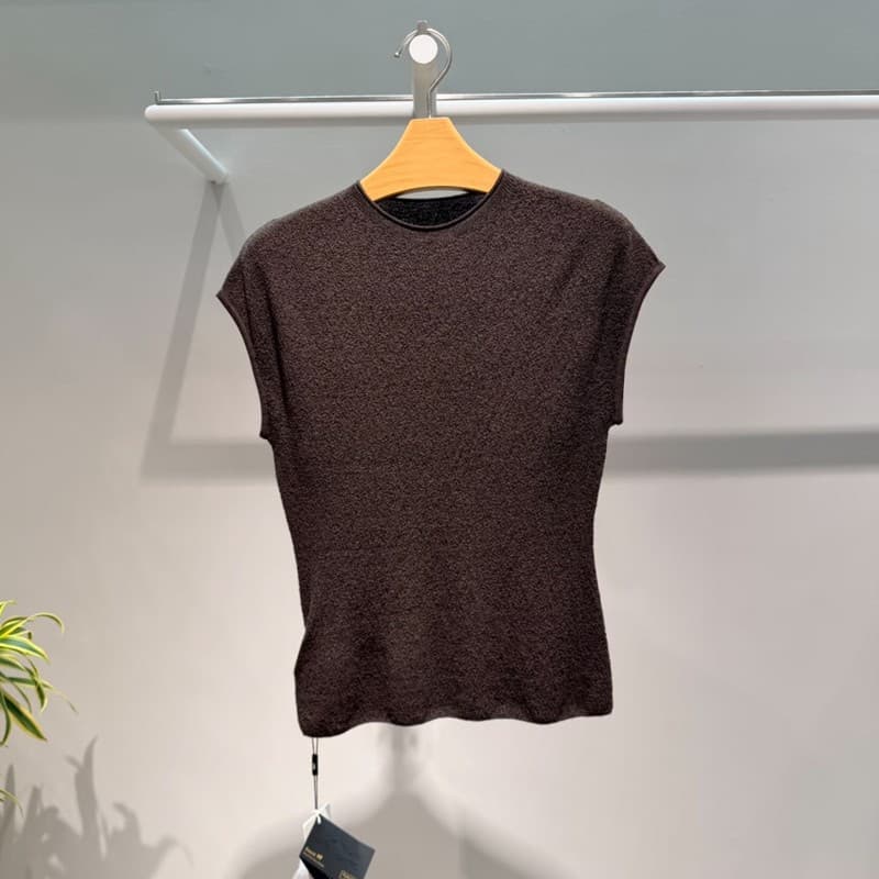 MM MaiMai 2026 Summer New Sleeveless Knit Top Women Round Neck Short Sleeve Sweater Cocoa Brown Top 5H7232821