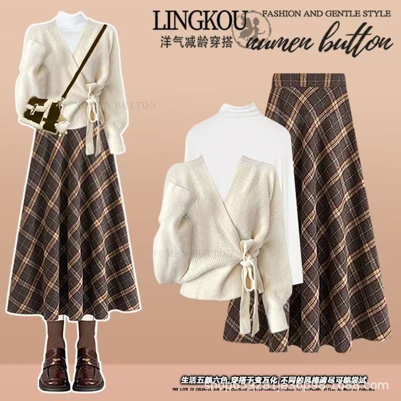 Plus Size Autumn and Winter Elegant Suit Skirt for Women Korean V Neck Knitwear Bottoming Shirt High Waist Plaid Skirt Three-Piece Set