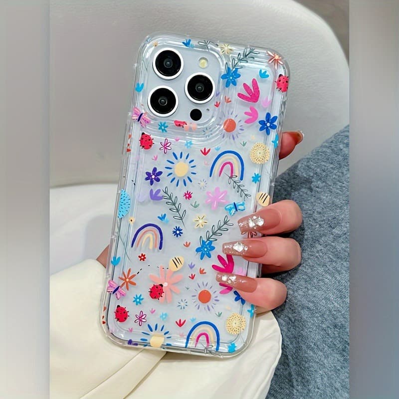 Floral and Animal Doodle Airbag Case Compatible with Apple 15 Pro Max iPhone 14 Transparent 13P Large Hole 12P