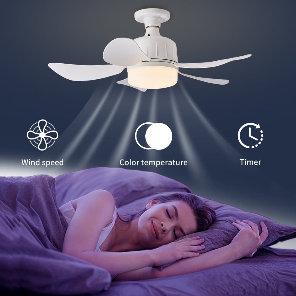 Cross-border E27 Screw Base Dimmable Smart Remote Control LED Fan Light, Bedroom Aroma Plastic Small Fan Light