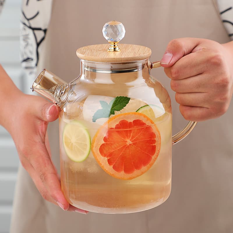 Cold Water Pitcher Glass Pitcher Refrigerator Large Capacity Glass Bead Bamboo Lid Nordic Home Dual-Use Juice and Tea Pot
