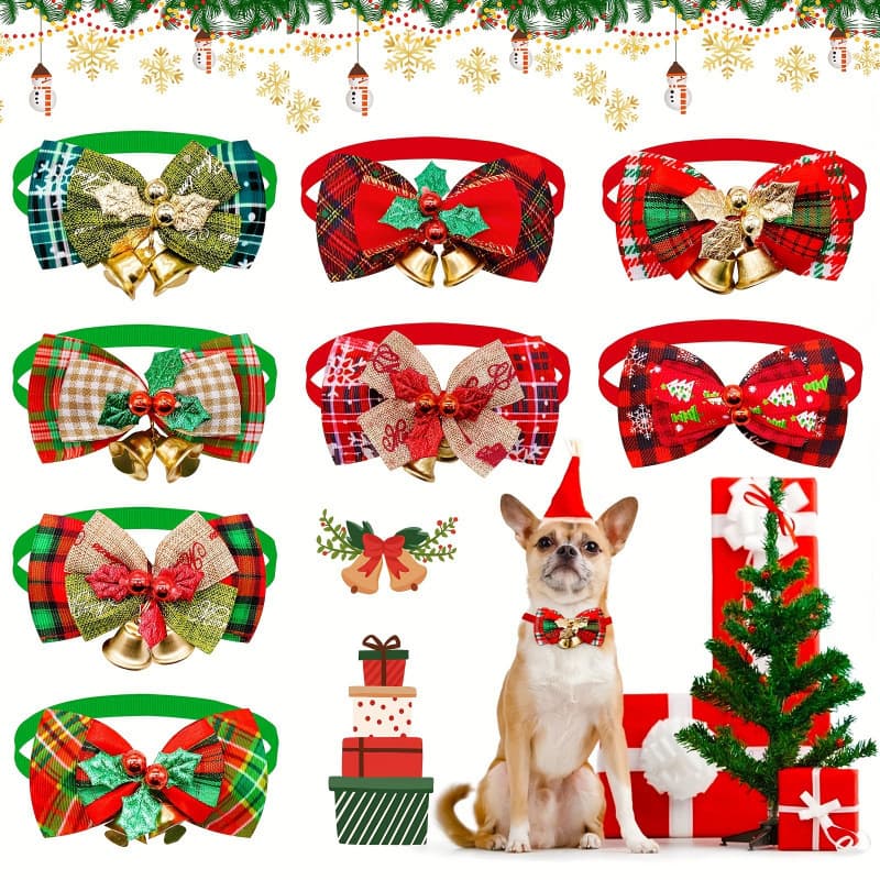 2026 New Cross-border Drop Shipping 8-Piece Pet Christmas Bow Ties with Bells