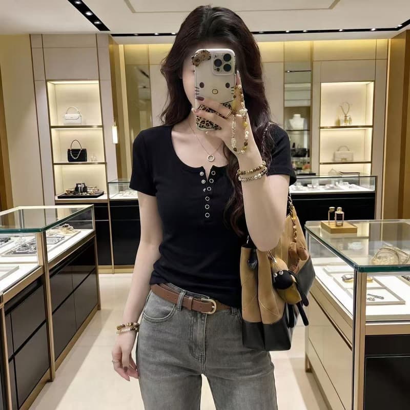 40s Pure Cotton 210g 92% Cotton / 8% Spandex Slim Fit Short Sleeve T-Shirt for Women, Button Detail, Casual Elegant T-Shirt, New Summer Style
