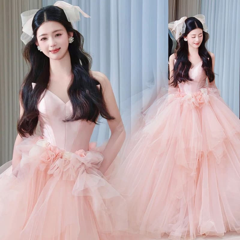 Pink rose tutu skirt princess bride wedding toast robe morning robe art test adult ceremony wedding dress high-end dress