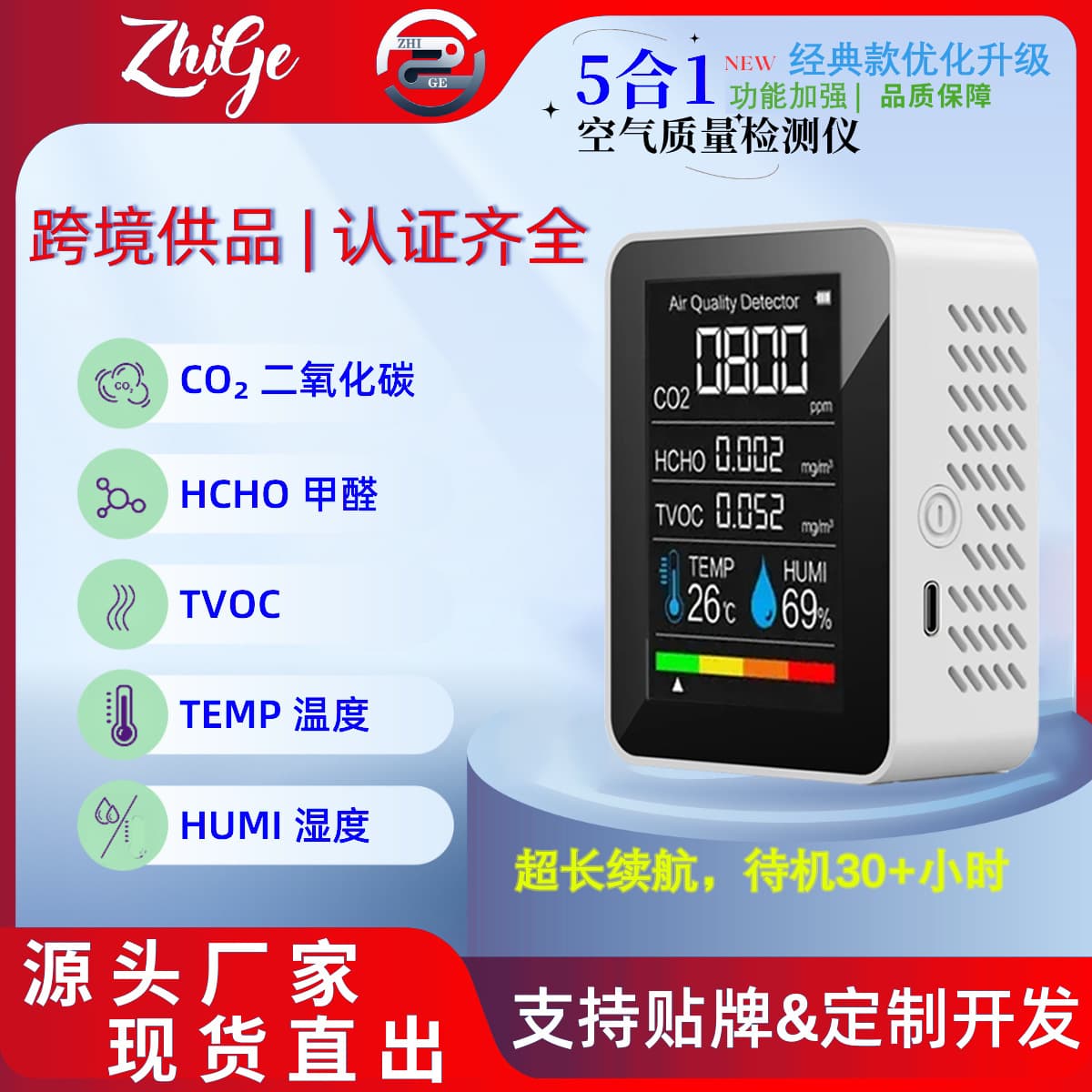 Cross-border 5-in-1 WiFi Smart Home Air Quality Detector CO2 Temperature Humidity Formaldehyde TVOC
