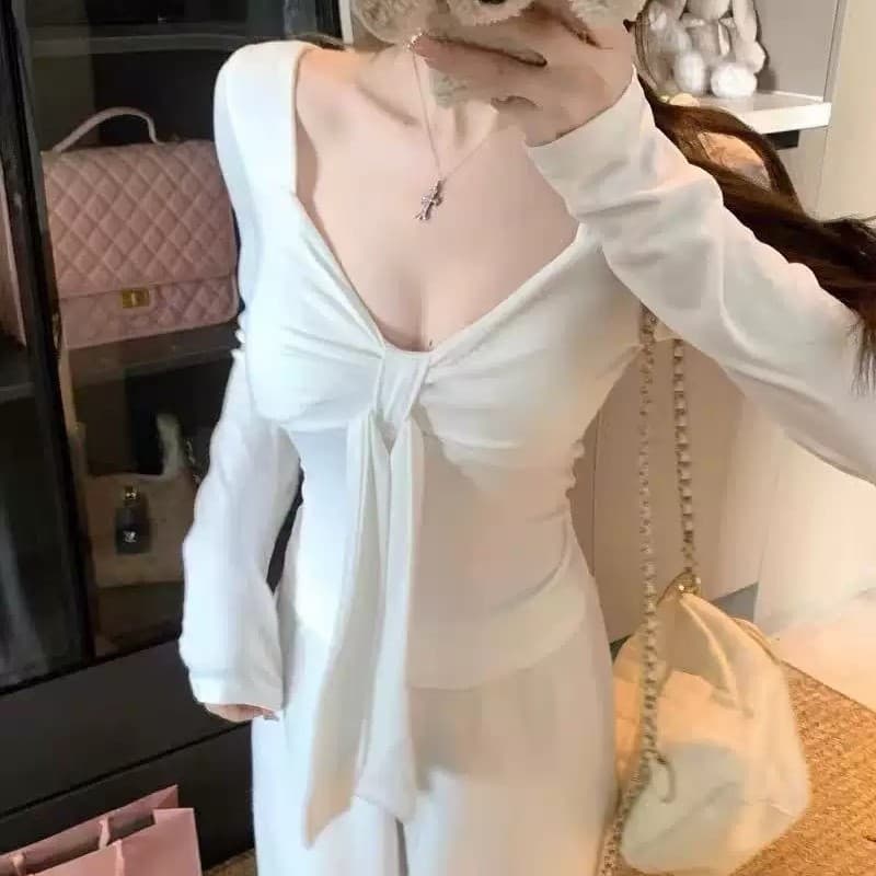 Bow Tie Versatile Long-sleeve T-shirt Autumn/Winter Pure Desire Style Tight Base Top Slim-fit Slimming Square Neck Top