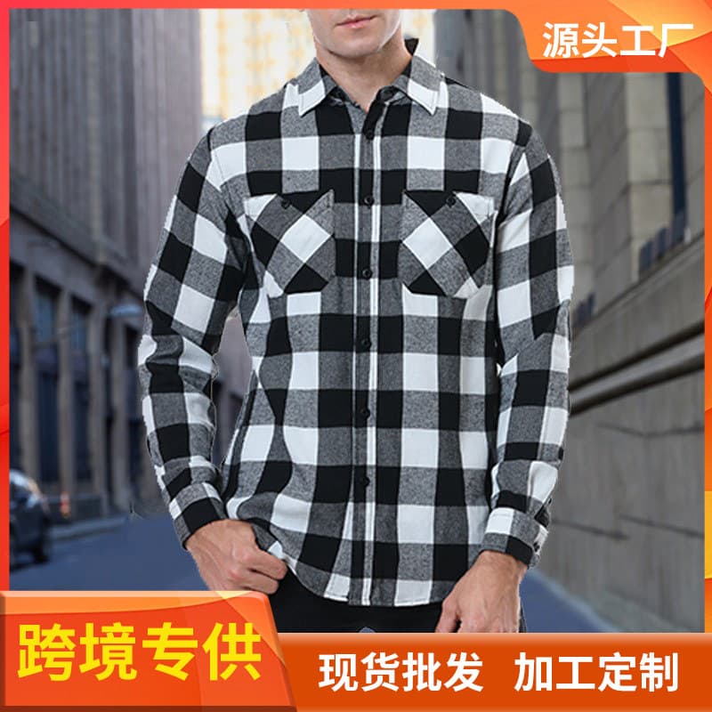 Men's Cross-Border Plaid Flannel Brushed Thermal Shirt, European and American Casual Shirt