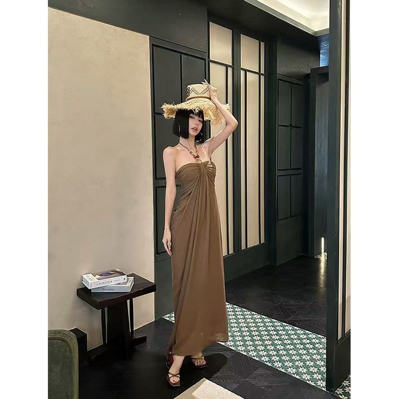 French Pure Desire Strapless Dress Beyouare Elegant Lady Style Oatmeal Brown Waist-Hugging Bodycon Long Dress