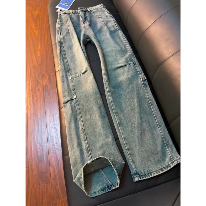 American Rivet Flared Jeans for Men Spring/Summer Rogue Style High-End Wrinkle Pants Trendy Straight-Leg Cargo Trousers