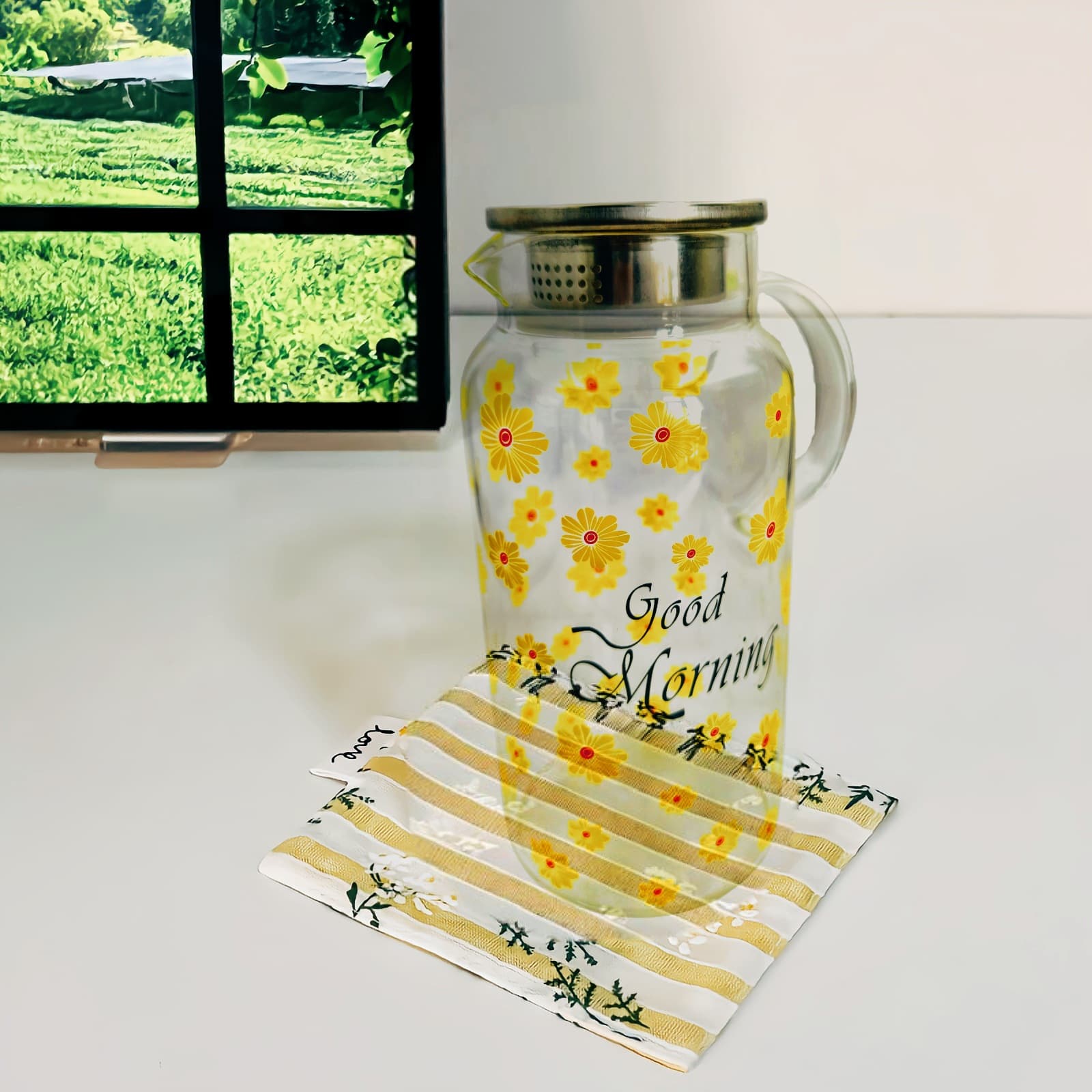 Cold Water Pitcher Household Cup Heat-Resistant Borosilicate Transparent Glass Juice Beverage Pitcher Ins. Chrysanthemum Large Capacity
