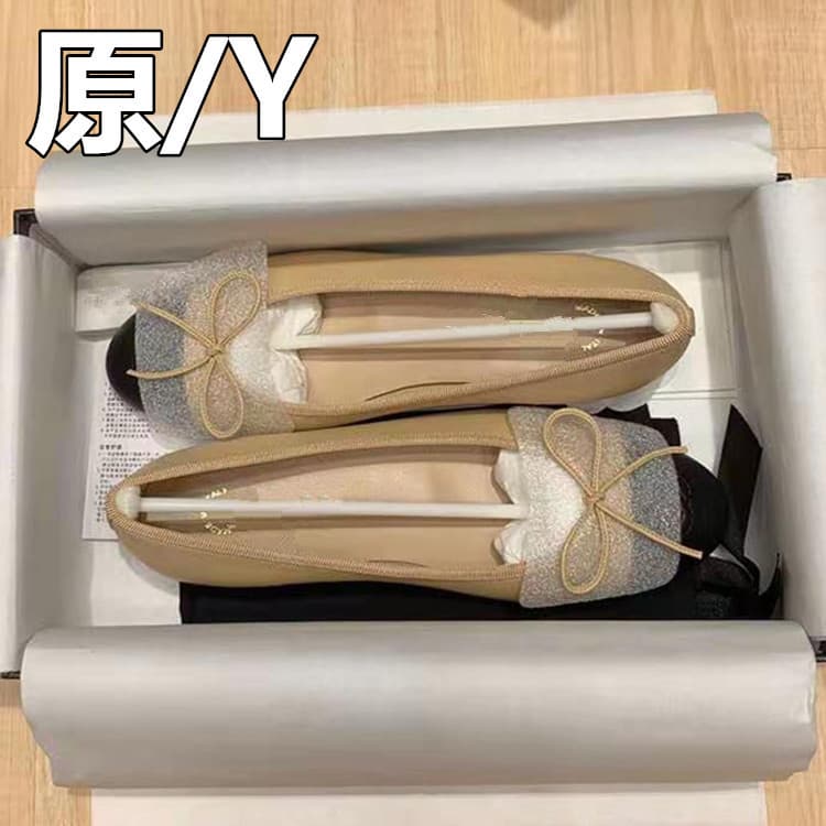 High Version Double C Bow Ballet Flat, Versatile Flat Heel Women's Shoes, Genuine Leather, Round Toe, Shallow Mouth, Flat Shoes