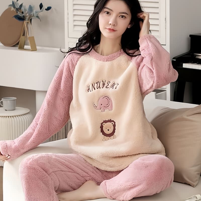Women's Flannel Coral Fleece Pajama Set with Built-in Bra, Korean Style, Thick Warm Loungewear