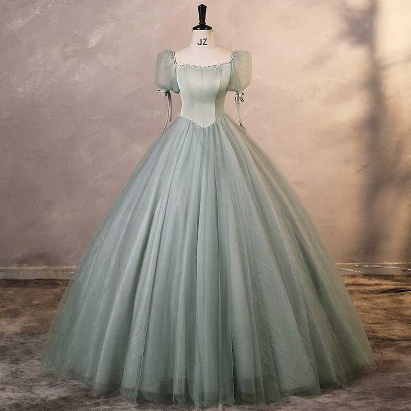 French Bubble Sleeve Evening Gown Light Green Runaway Princess Tutu Dress Vocal Art Exam Solo Adult Ceremony Annual Meeting Color Tulle