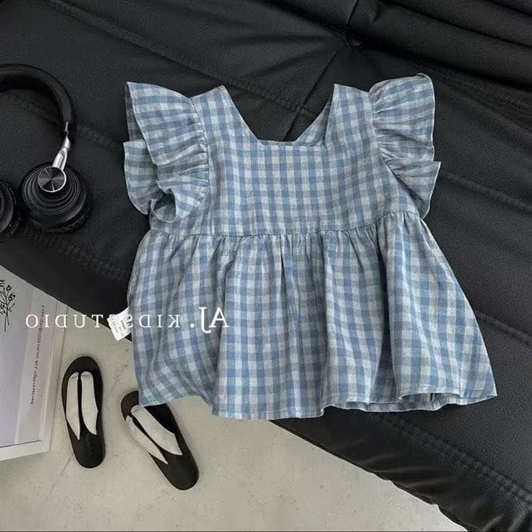 Girls Summer New Stylish Plaid Flutter Sleeve Short Sleeve Shirt Baby Forest Style Sweet Flutter Sleeve Top