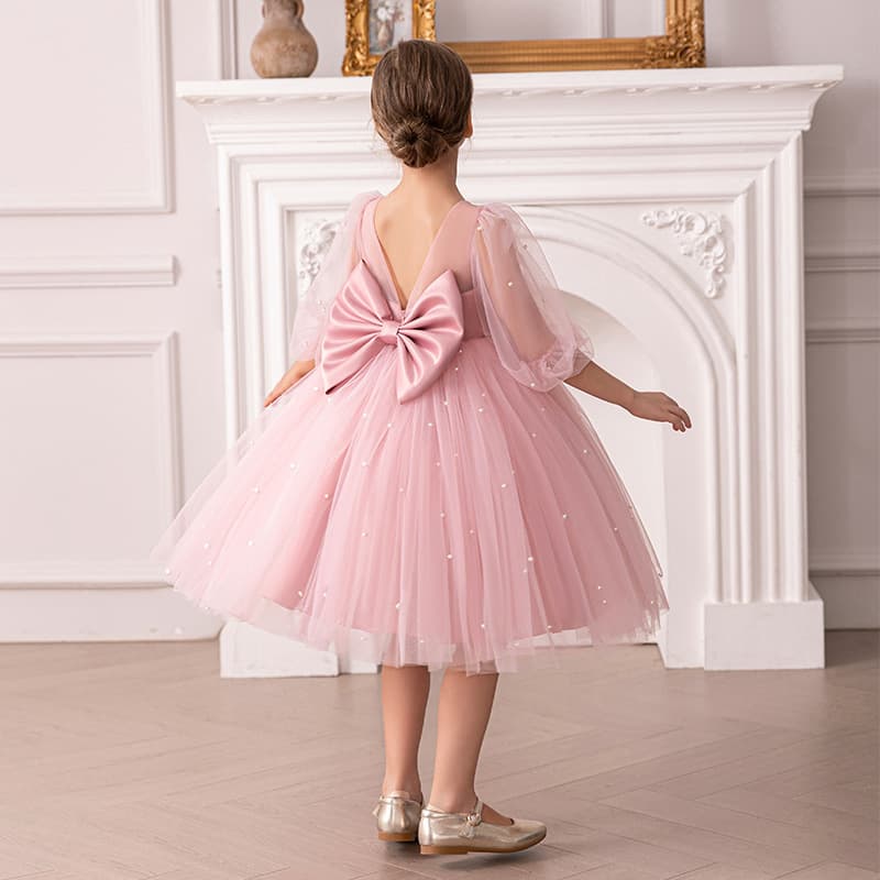 European and American girls' new solid color mesh pearl princess birthday dinner performance western style bow dress wholesale