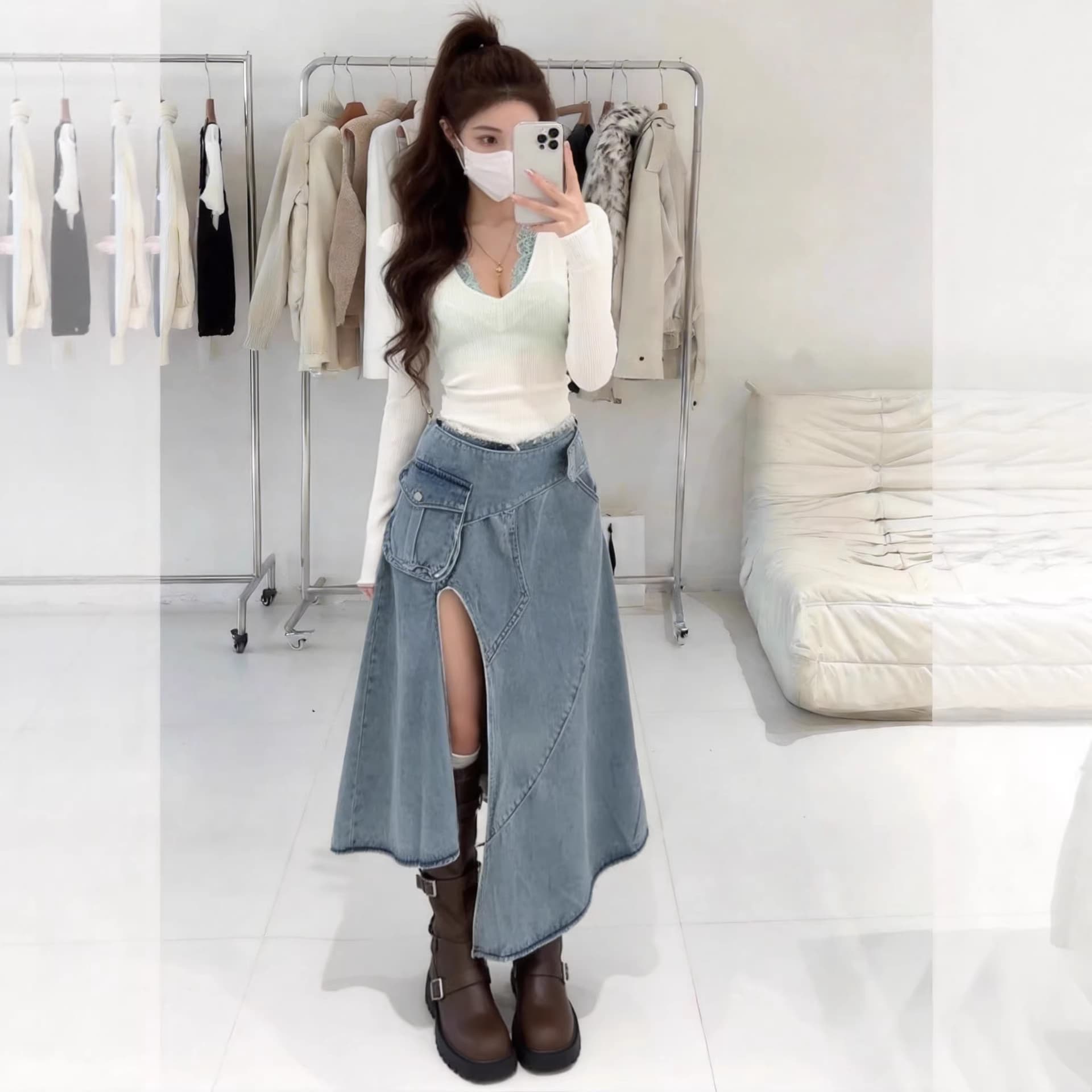 American Vintage Distressed Unique Design Slit Utility Denim Skirt for Women Spring New High-Waist A-Line Skirt