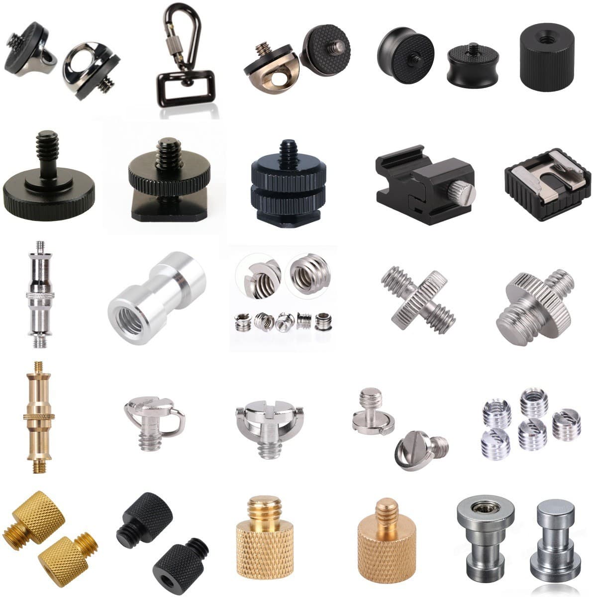 Camera 1/4 hot shoe, 3/8 adapter screw, slotted screw imperial 1/4-20 tripod screw set