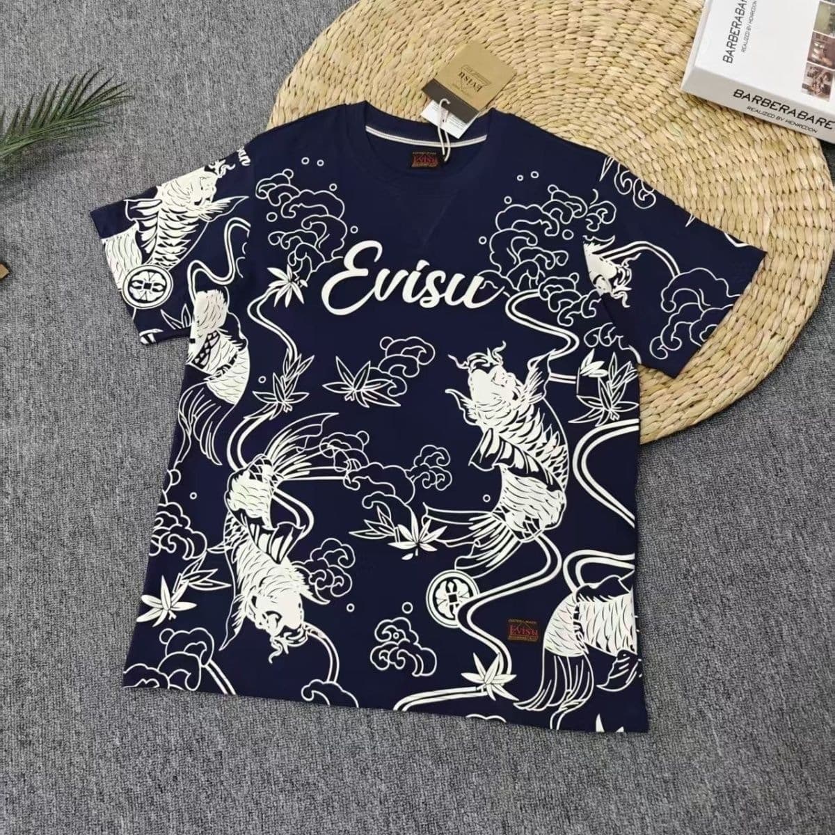 High Street Fashion Brand Summer New Men's Full Print Koi Fish Pattern Letter Print Casual Loose Round Neck Short Sleeve T-Shirt