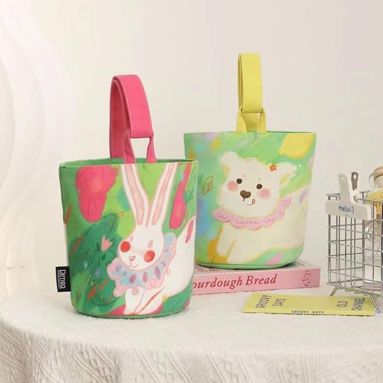 New illustration cartoon canvas bag bucket bag printed portable small handbag mommy bag bento small outing bag