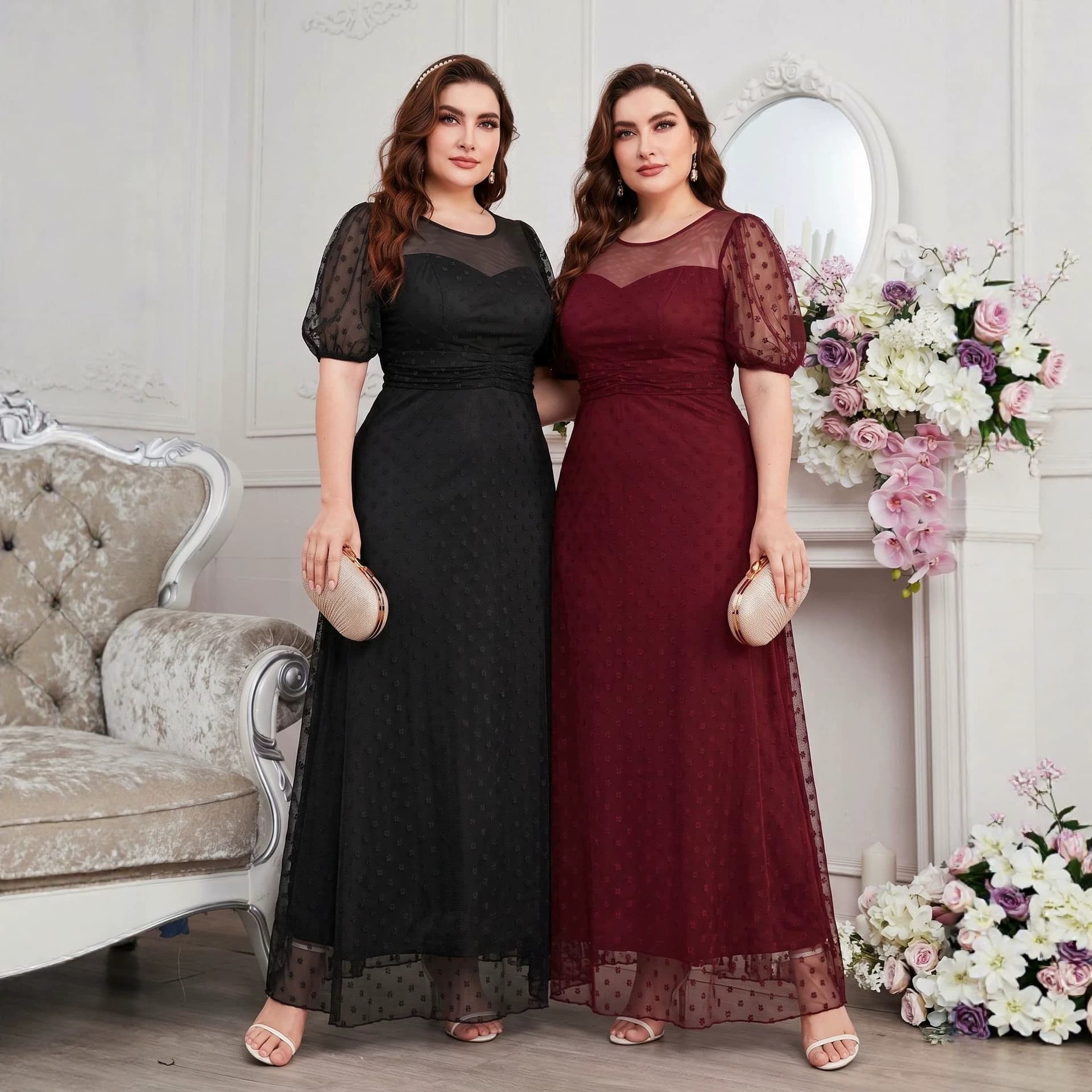 2022-07 Cross-border foreign trade fashionable elegant lace dress long skirt V-neck European and American plus size women's bridesmaid dress