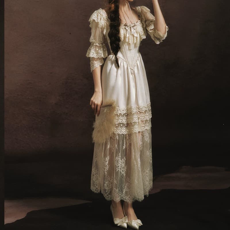 Victorian-Style Heavy Lace Patchwork Satin Long Dress, Vintage Runaway Princess Engagement Light Wedding Dress